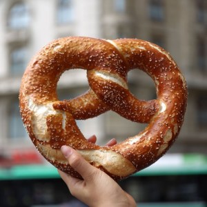 soft pretzel in busy city held by hand