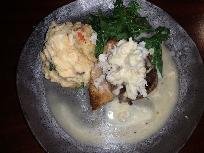 McCormick's and Schmick's bacon mashed potatoes with chicken spinach