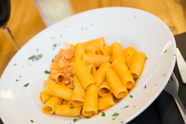 Rigatoni D on a white plate