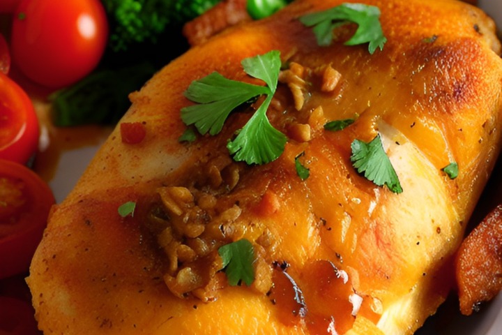 Baked chicken with cilantro and other vegetables as sides