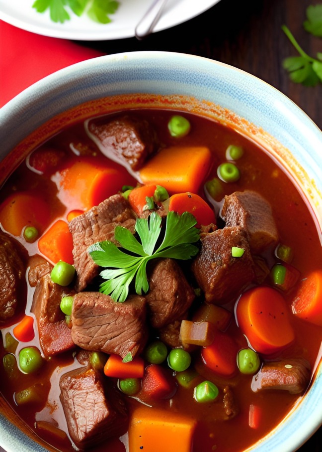 Beef stew in a pot with vegetables