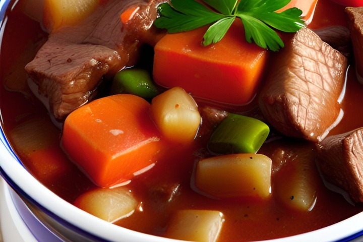 Beef stew with carrots, onions, and greenery