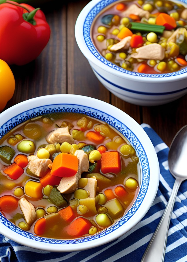 Chicken and vegetable soup in blue ceramic bowls featuring silverware
