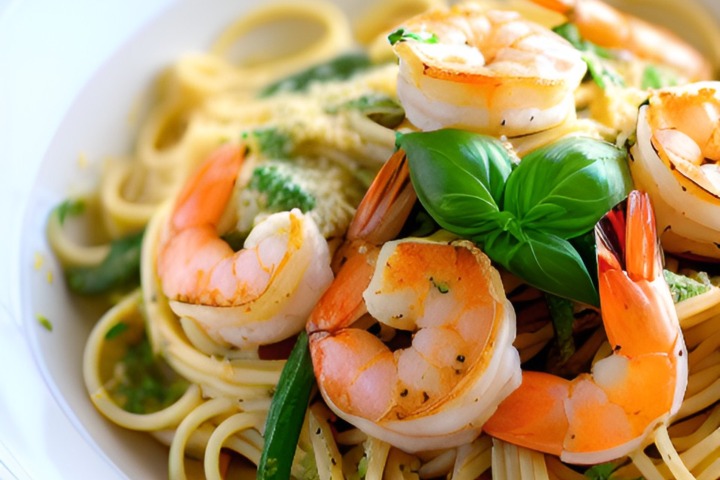 Close up picture of our Garlic shrimp pasta dish