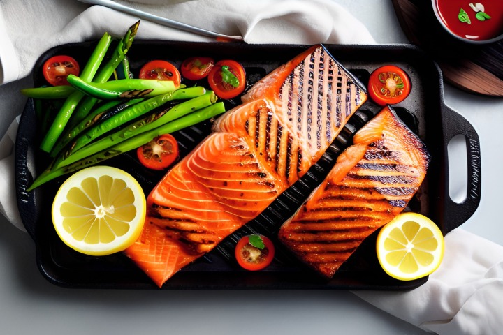 Full iron slab with grilled salmon and asparagus