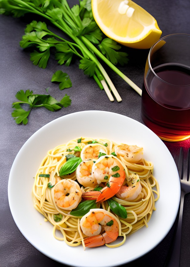 Garlic Shrimp Pasta with tea and noodles on a modern dish
