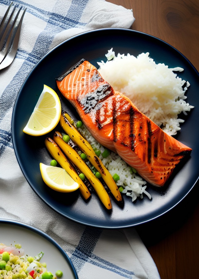 Grilled Salmon on a plate with rice and other veggies