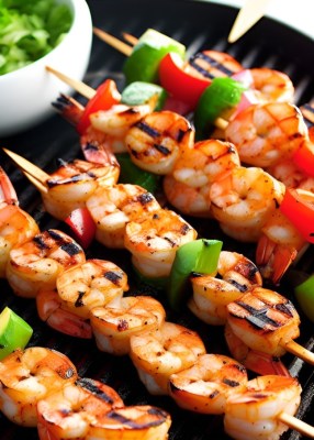 Grilled shrimp skewers on top of each other