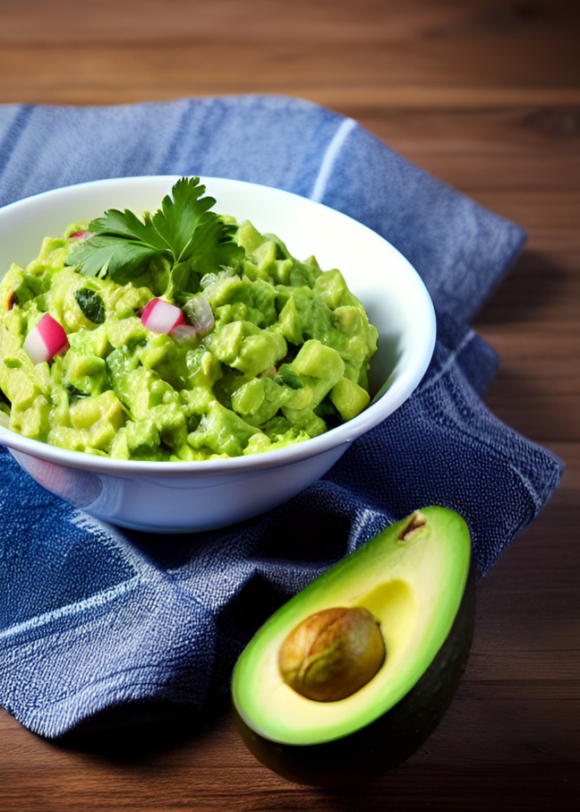 Guacamole in a bowl with blue towels