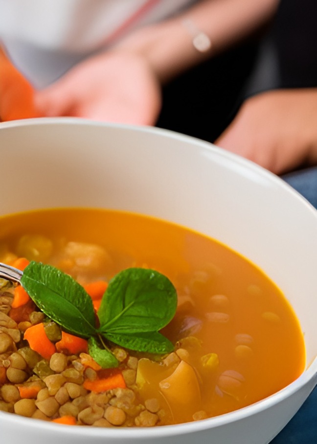Lentil soup with people waiting to eat