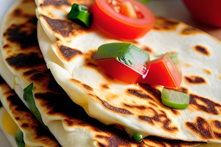 Quesadilla close up with vegetables including tomato