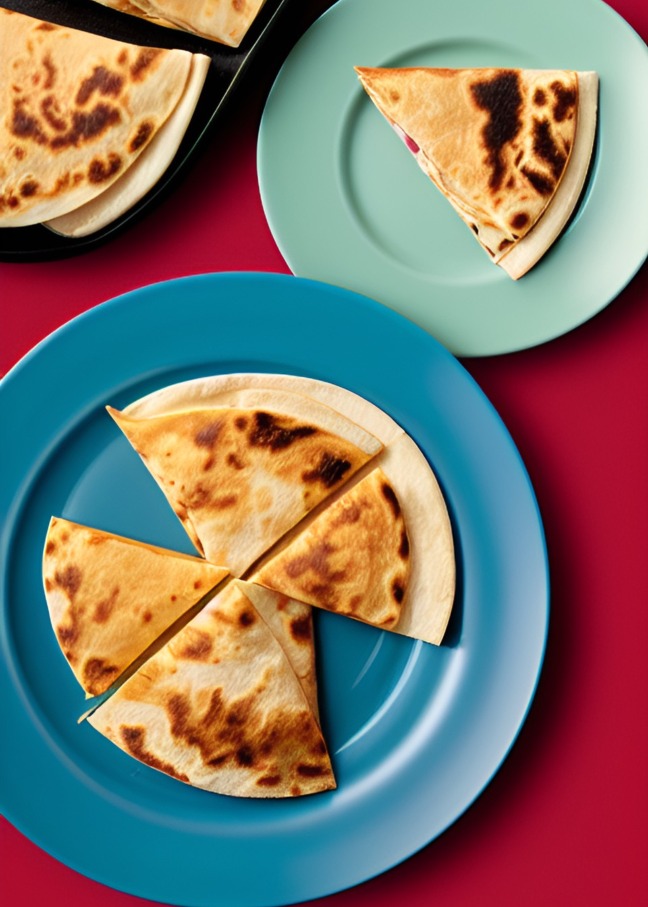Quesadilla on modern color plates with a red background
