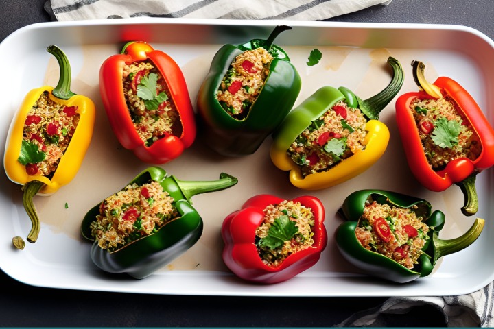 Quinoa stuffed bell peppers on a oven safe dish