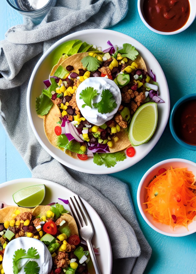 Taco Salad on plate with lime and other ingredients