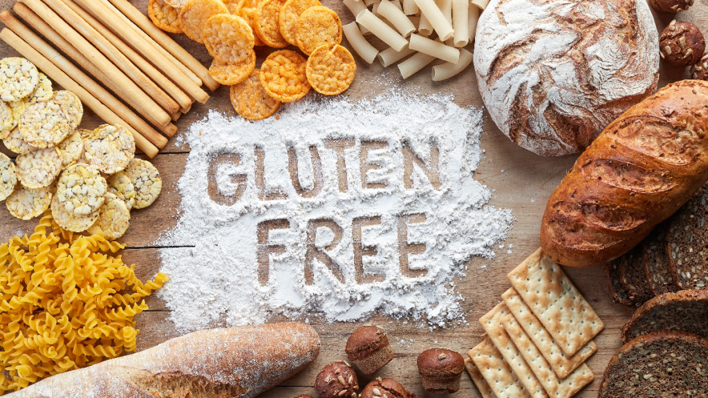 Gluten free restaurants banner written in flour with bread types
