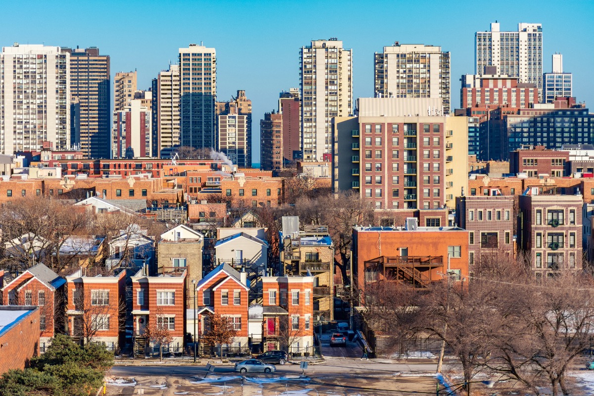 A large skyline view of west town Chicago