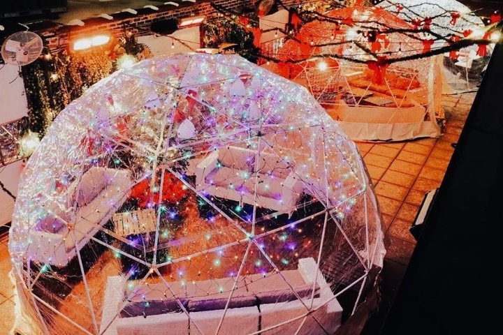 Joy District igloo dining outdoor patio in Chicago