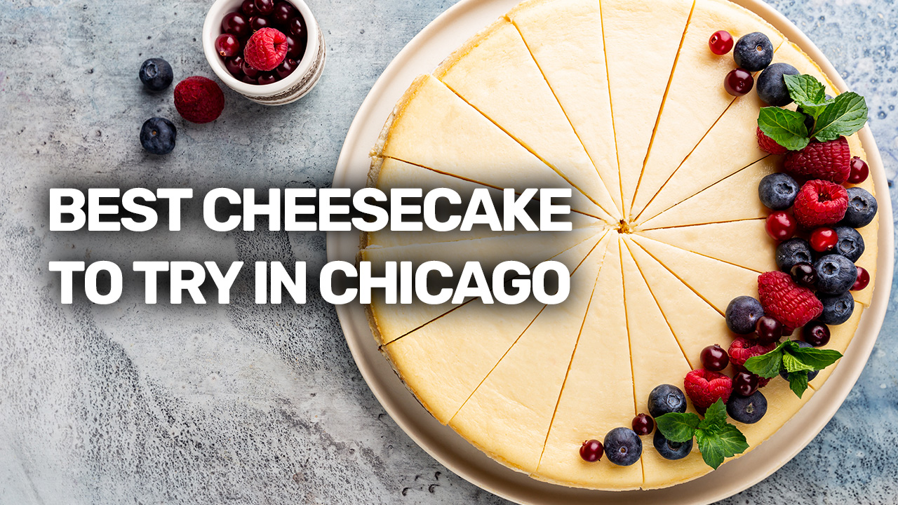 chicago style cheesecake on a marble countertop