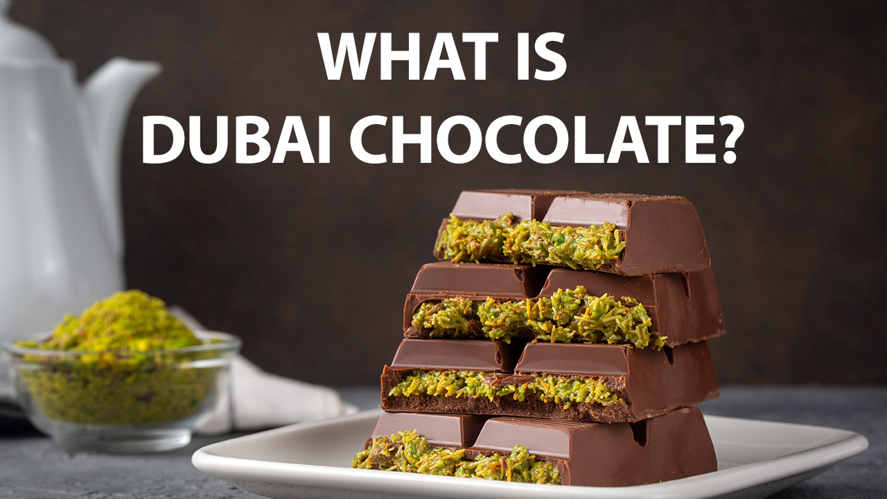 dubai chocolate with a dark brown background
